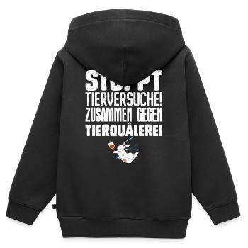 Tierschutz STOPPT TIERVERSUCHE ZUSAMMEN GEGEN - Kinder Premium Organic Zip Hoodie - Schwarz - Hinten - AI Model Kid Male (0cm)
