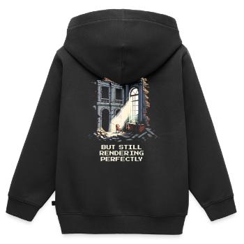 Verlassen, aber perfekt gerendert | Urban Vibes - Kinder Premium Organic Zip Hoodie - Schwarz - Hinten - AI Model Kid Male (0cm)