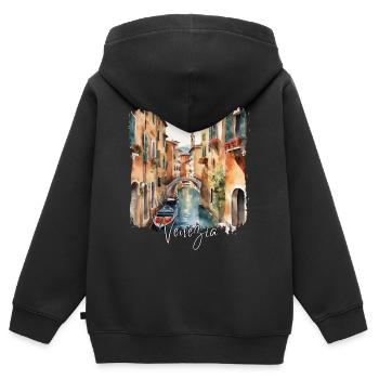 Aquarelle de Venise, j’adore Venise - Sweat Premium à capuche zippé enfant bio - noir - Dos - AI Model Kid Male (0cm)