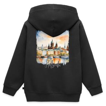 Aquarelle d’Helsinki, j’adore Helsinki - Sweat Premium à capuche zippé enfant bio - noir - Dos - AI Model Kid Male (0cm)
