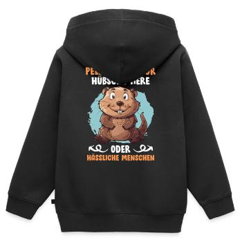 Tierschutz PELZ TRAGEN NUR HÜBSCHE TIERE Lustig - Kinder Premium Organic Zip Hoodie - Schwarz - Hinten - AI Model Kid Male (0cm)