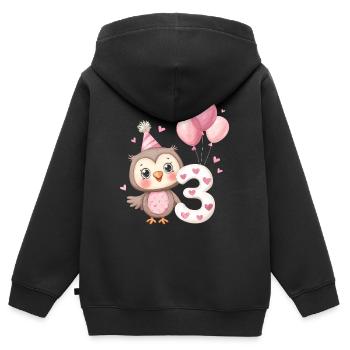 Troisième anniversaire hibou avec ballons - Sweat Premium à capuche zippé enfant bio - noir - Dos - AI Model Kid Male (0cm)