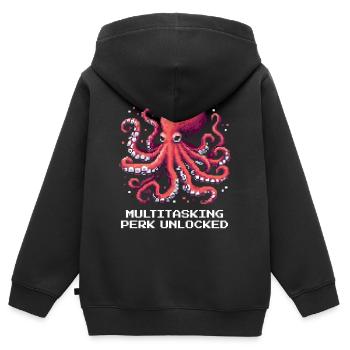 Capacité multitâche débloquée | Pieuvre - Sweat Premium à capuche zippé enfant bio - noir - Dos - AI Model Kid Male (0cm)