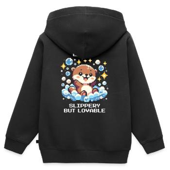 Effet de statut : Glissant mais adorable | Loutre - Sweat Premium à capuche zippé enfant bio - noir - Dos - AI Model Kid Male (0cm)