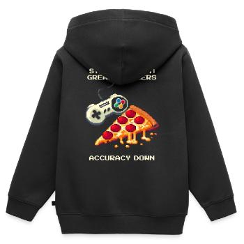 Effet de statut : Doigts gras | Pizza Aim Humour - Sweat Premium à capuche zippé enfant bio - noir - Dos - AI Model Kid Male (0cm)