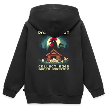 Quête quotidienne | Ramasser les œufs, éviter le coq - Sweat Premium à capuche zippé enfant bio - noir - Dos - AI Model Kid Male (0cm)