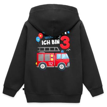3 anniversaires garçon pompier | J’ai trois ans - Sweat Premium à capuche zippé enfant bio - noir - Dos - AI Model Kid Male (0cm)