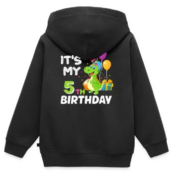 5e anniversaire Garçon Fille Dinosaure Cinq ans - Sweat Premium à capuche zippé enfant bio - noir - Dos - AI Model Kid Male (0cm)