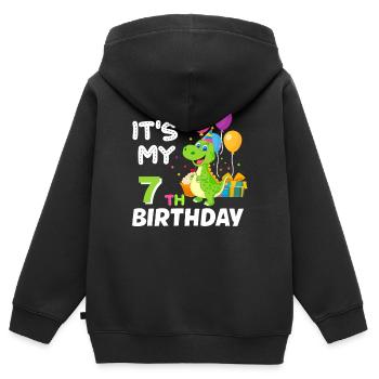 7 anniversaires Jeune fille Dino Sept ans - Sweat Premium à capuche zippé enfant bio - noir - Dos - AI Model Kid Male (0cm)