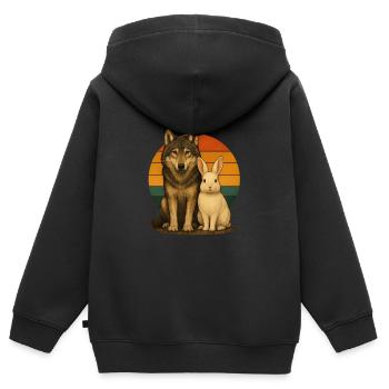 Wolf Kaninchen Retro Tierfreunde - Kinder Premium Organic Zip Hoodie - Schwarz - Hinten - AI Model Kid Male (0cm)