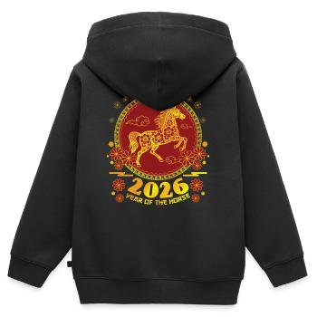 Pferdejahr 2026 Chinesisches Neujahr Chinesisches Tierkreis - Kinder Premium Organic Zip Hoodie - Schwarz - Hinten - AI Model Kid Male (0cm)