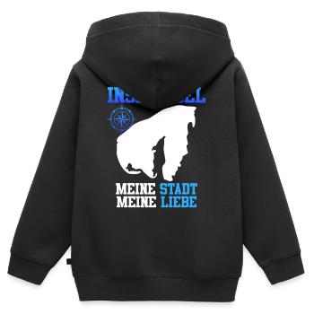 ÎLE DE POEL MA VILLE MON AMOUR Drôle - Sweat Premium à capuche zippé enfant bio - noir - Dos - AI Model Kid Male (0cm)
