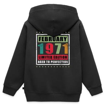 Février 1971 anniversaire Février 1971 Février - Sweat Premium à capuche zippé enfant bio - noir - Dos - AI Model Kid Male (0cm)
