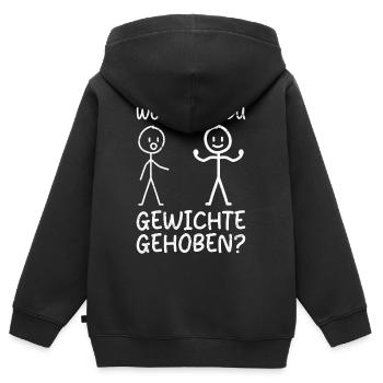 Strichmännchen HAST DU GEWICHTE GEHOBEN Lustig - Kinder Premium Organic Zip Hoodie - Schwarz - Hinten - AI Model Kid Male (0cm)