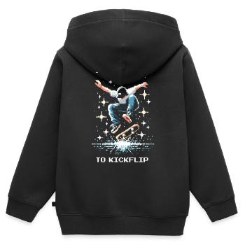 Insérer une pièce pour Kickflip | Trick de patinage - Sweat Premium à capuche zippé enfant bio - noir - Dos - AI Model Kid Male (0cm)