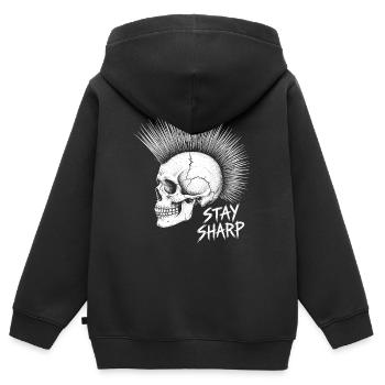 Stay Sharp Punk Skull – Irokese Totenkopf Design - Kinder Premium Organic Zip Hoodie - Schwarz - Hinten - AI Model Kid Male (0cm)
