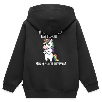 Fast gelächelt – Grummeliges Einhorn Morgenmuffel - Kinder Premium Organic Zip Hoodie - Schwarz - Hinten - AI Model Kid Male (0cm)