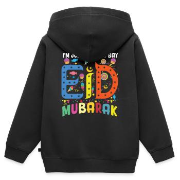Ici pour dire Eid Mubarak Ramadan musulman islamique - Sweat Premium à capuche zippé enfant bio - noir - Dos - AI Model Kid Male (0cm)