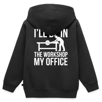 Je serai dans l’atelier, mon bureau - Sweat Premium à capuche zippé enfant bio - noir - Dos - AI Model Kid Male (0cm)