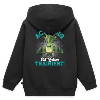 Kraftsport ACHTUNG EIN LAUCH TRAINIERT Lustig - Kinder Premium Organic Zip Hoodie - Schwarz - Hinten - AI Model Kid Male (0cm)