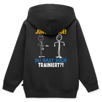 Fitness JUNGE JUNGE DU HASTDOCH TRAINIERT LUSTIG - Kinder Premium Organic Zip Hoodie - Schwarz - Hinten - AI Model Kid Male (0cm)
