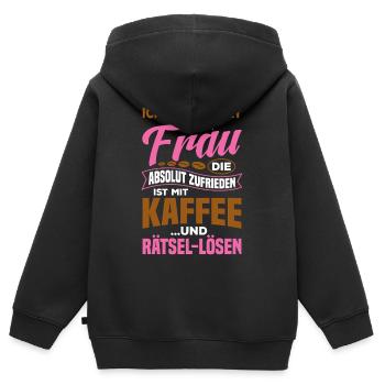 Zufrieden mir Kaffee und Rätsel lösen / Spruch - Kinder Premium Organic Zip Hoodie - Schwarz - Hinten - AI Model Kid Male (0cm)