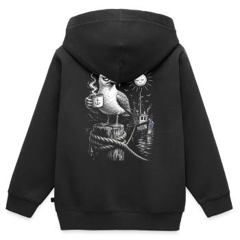 MOIN – Grummeliges Möwe mit Kaffee - Kinder Premium Organic Zip Hoodie - Schwarz - Hinten - AI Model Kid Male (0cm)