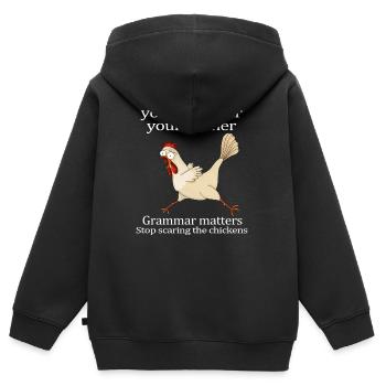 Votre grammaire du dîner compte Arrêtez d’effrayer les poules - Sweat Premium à capuche zippé enfant bio - noir - Dos - AI Model Kid Male (0cm)