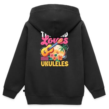 Designs et expressions amusantes de ukulélé - Sweat Premium à capuche zippé enfant bio - noir - Dos - AI Model Kid Male (0cm)