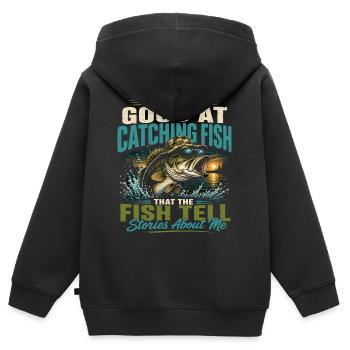 Pêcheur Légendaire Humour Rétro Poisson Vintage - Sweat Premium à capuche zippé enfant bio - noir - Dos - AI Model Kid Male (0cm)