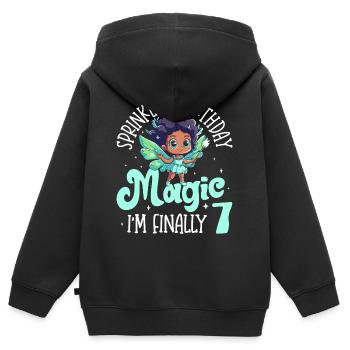 Sort de 7e anniversaire de la fille noire, j’ai enfin 7 ans - Sweat Premium à capuche zippé enfant bio - noir - Dos - AI Model Kid Male (0cm)