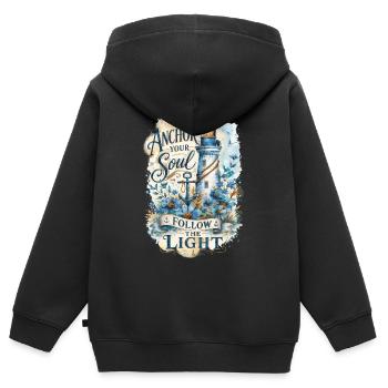 Anchor Your Soul – Leuchtturm Aquarell - Kinder Premium Organic Zip Hoodie - Schwarz - Hinten - AI Model Kid Male (0cm)