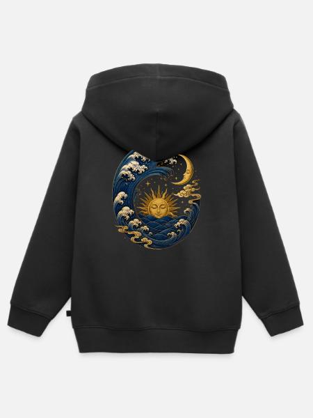 Japanische Welle mit Sonne und Mond - Kinder Premium Organic Zip Hoodie - Schwarz