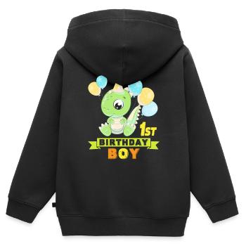 1er anniversaire avec dinosaure Je suis 1er - Sweat Premium à capuche zippé enfant bio - noir - Dos - AI Model Kid Male (0cm)