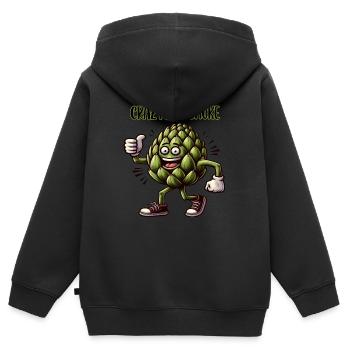Crazy Veggies: Artichoke Power Walker Thumbs Up - Kinder Premium Organic Zip Hoodie - Schwarz - Hinten - AI Model Kid Male (0cm)