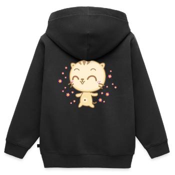 Nette Anime Katze mit Blumen die vom Himmel regnen - Kinder Premium Organic Zip Hoodie - Schwarz - Hinten - AI Model Kid Male (0cm)