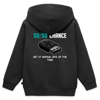 USB 50/50 Humour personne cadeau - Sweat Premium à capuche zippé enfant bio - noir - Dos - AI Model Kid Male (0cm)