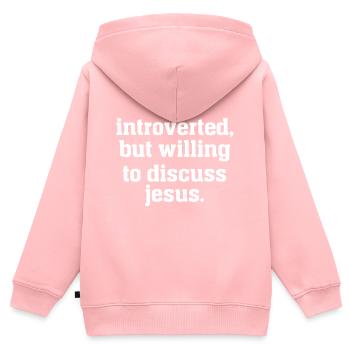 Introvertiert, aber bereit, über Jesus zu sprechen - Kinder Premium Organic Zip Hoodie - Rosa - Hinten - AI Model Kid Female (0cm)