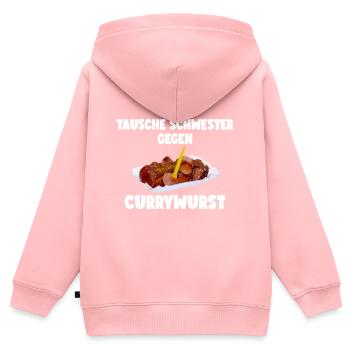 TAUSCHE SCHWESTER GEGEN CURRYWURST - Kinder Premium Organic Zip Hoodie - Rosa - Hinten - AI Model Kid Female (0cm)