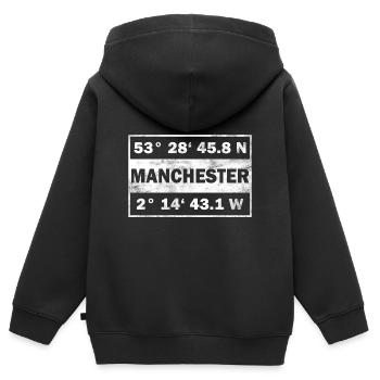 Coordonnées Manchester Ville Angleterre Manchester - Sweat Premium à capuche zippé enfant bio - noir - Dos - AI Model Kid Male (0cm)