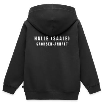 Halle (Saale) Sachsen-Anhalt - Kinder Premium Organic Zip Hoodie - Schwarz - Hinten - AI Model Kid Male (0cm)