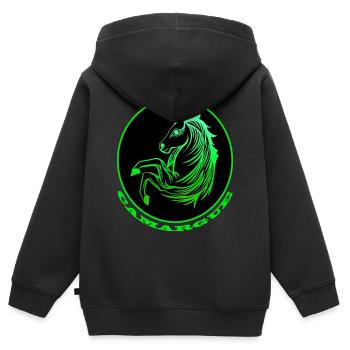 Cheval de Camargue vert fluo - Sweat Premium à capuche zippé enfant bio - noir - Dos - AI Model Kid Male (0cm)