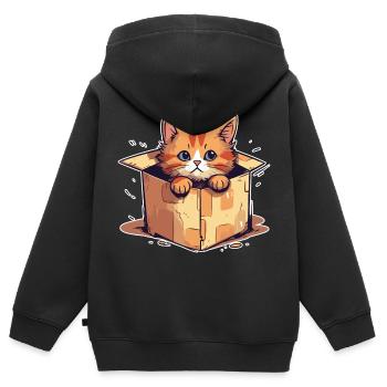 Chat assis dans un paquet en carton humour drôle typique - Sweat Premium à capuche zippé enfant bio - noir - Dos - AI Model Kid Male (0cm)