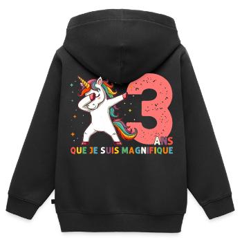 Licorne Dab Cadeau 3 Ème Anniversaire 3 Ans - Sweat Premium à capuche zippé enfant bio - noir - Dos - AI Model Kid Male (0cm)