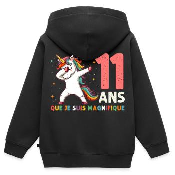 Licorne Dab Cadeau 11 Ème Anniversaire 11 Ans - Sweat Premium à capuche zippé enfant bio - noir - Dos - AI Model Kid Male (0cm)