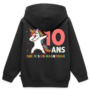 Licorne Dab Cadeau 10 Ème Anniversaire 10 Ans - Sweat Premium à capuche zippé enfant bio - noir - Dos - AI Model Kid Male (0cm)