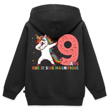 Licorne Dab Cadeau 9 Ème Anniversaire 9 Ans - Sweat Premium à capuche zippé enfant bio - noir - Dos - AI Model Kid Male (0cm)