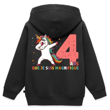 Licorne Dab Cadeau 4 Ème Anniversaire 4 Ans - Sweat Premium à capuche zippé enfant bio - noir - Dos - AI Model Kid Male (0cm)