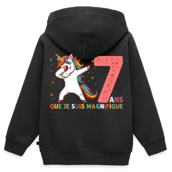 Licorne Dab Cadeau 7 Ème Anniversaire 7 Ans - Sweat Premium à capuche zippé enfant bio - noir - Dos - AI Model Kid Male (0cm)