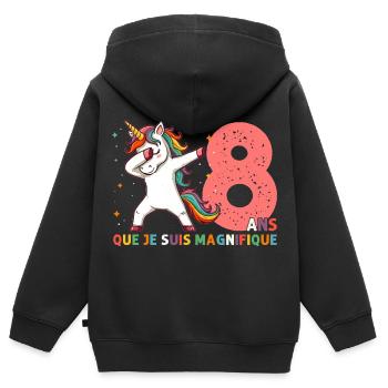 Licorne Dab Cadeau 8 Ème Anniversaire 8 Ans - Sweat Premium à capuche zippé enfant bio - noir - Dos - AI Model Kid Male (0cm)